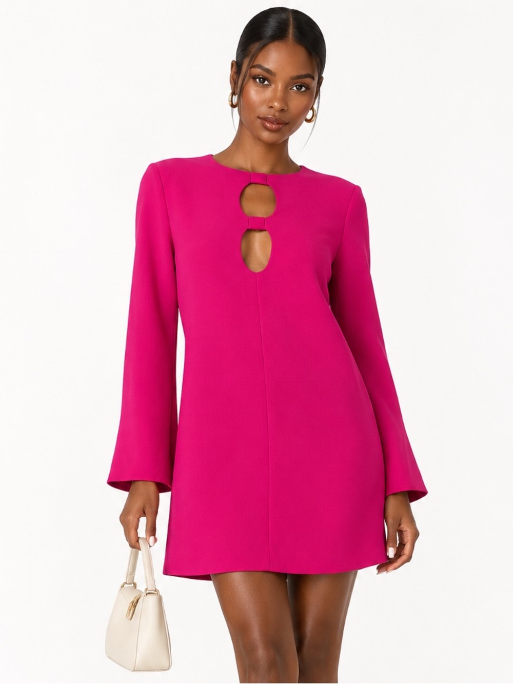 ZARA Hot Pink Long-Sleeve Shift Dress with Double Keyhole Size Large